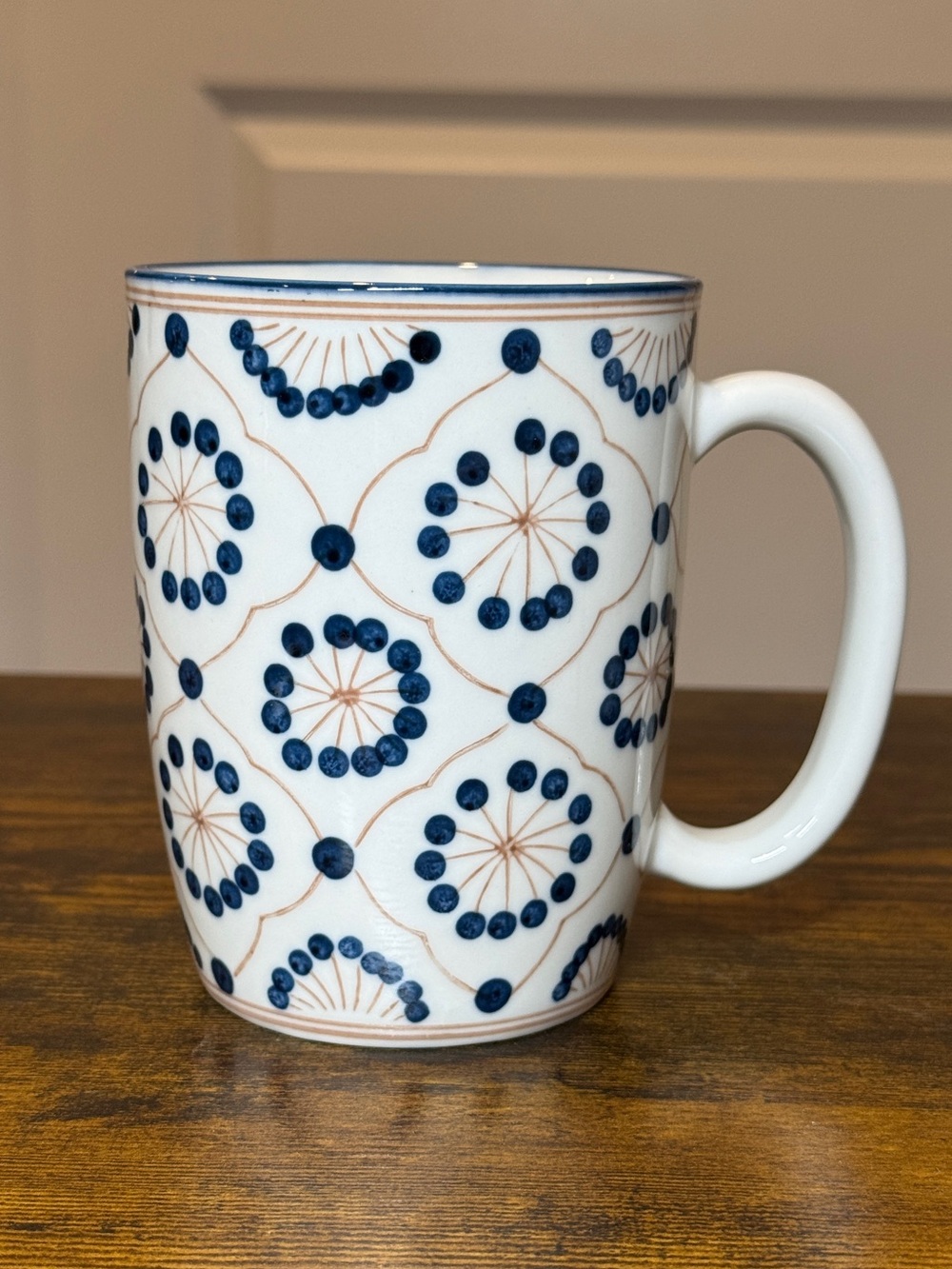 Thomas O’Brien Vintage Modern Hand Painted Mug Blue Dots Tan Mosaic 2009 Rare